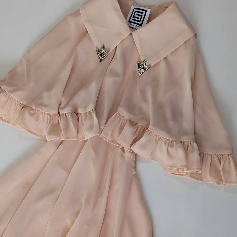 Elegant peachy Pink Dress with Ruffle Cape & Silver Collar Tips