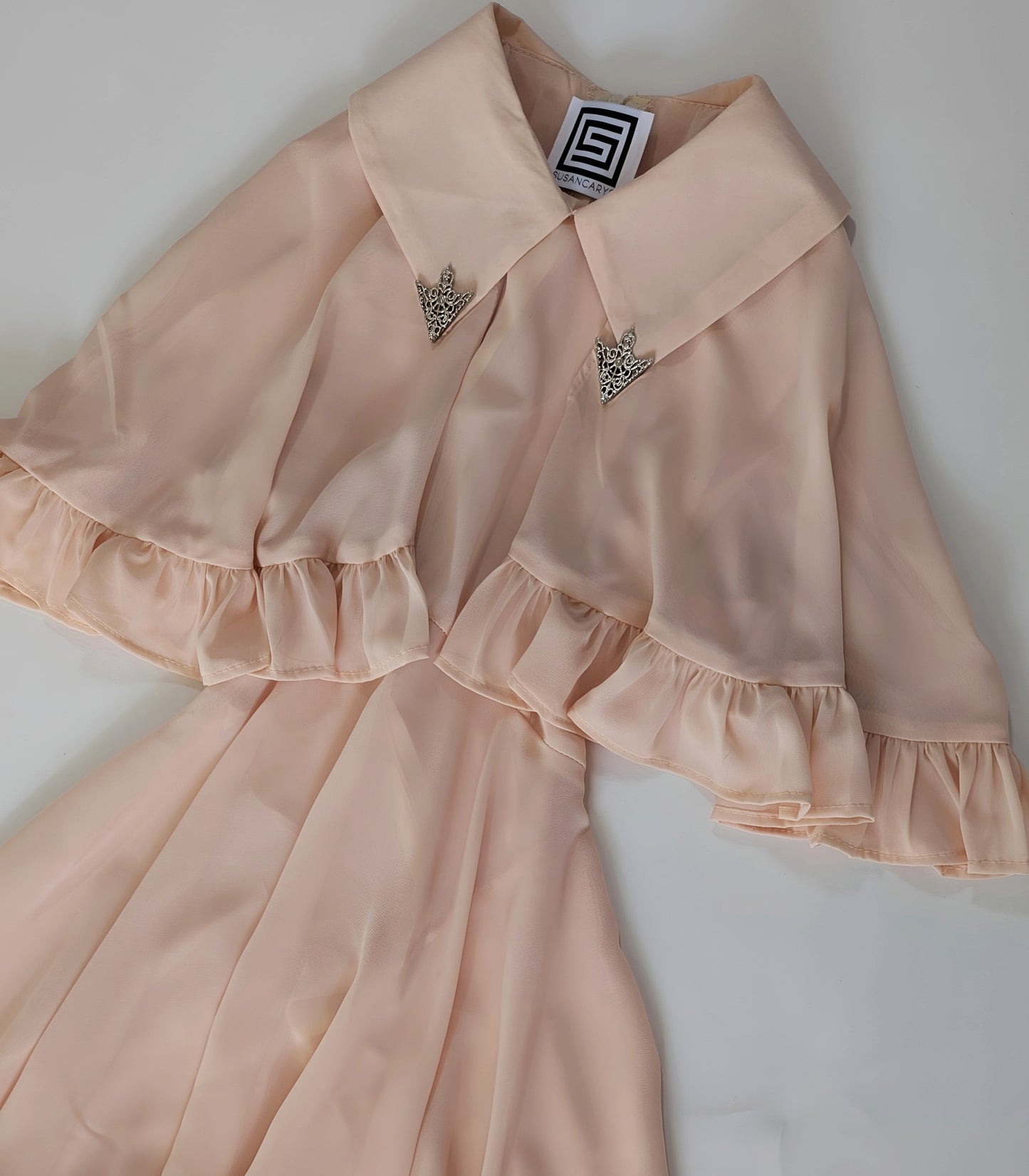 Elegant peachy Pink Dress with Ruffle Cape & Silver Collar Tips