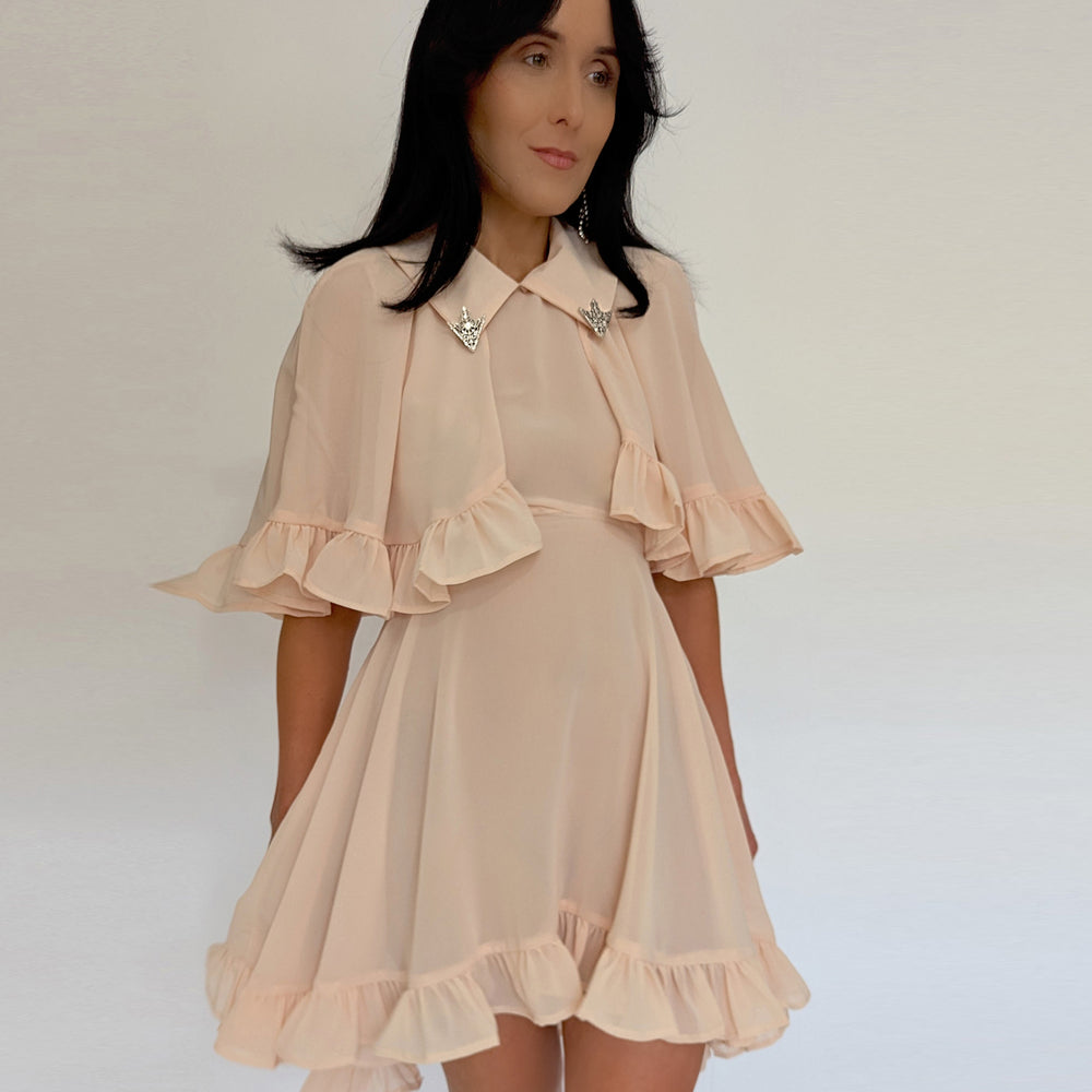 Elegant peachy Pink Dress with Ruffle Cape & Silver Collar Tips