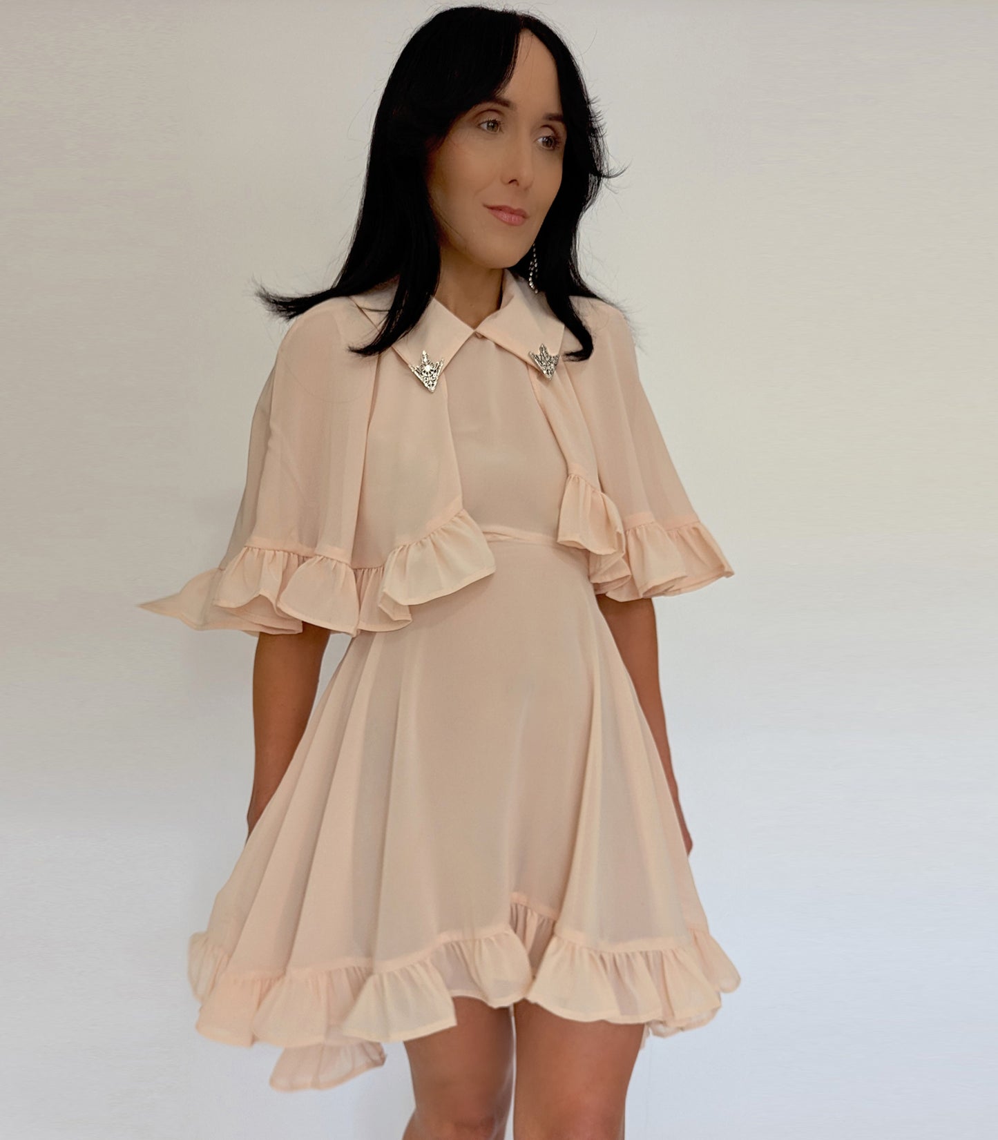 Elegant peachy Pink Dress with Ruffle Cape & Silver Collar Tips