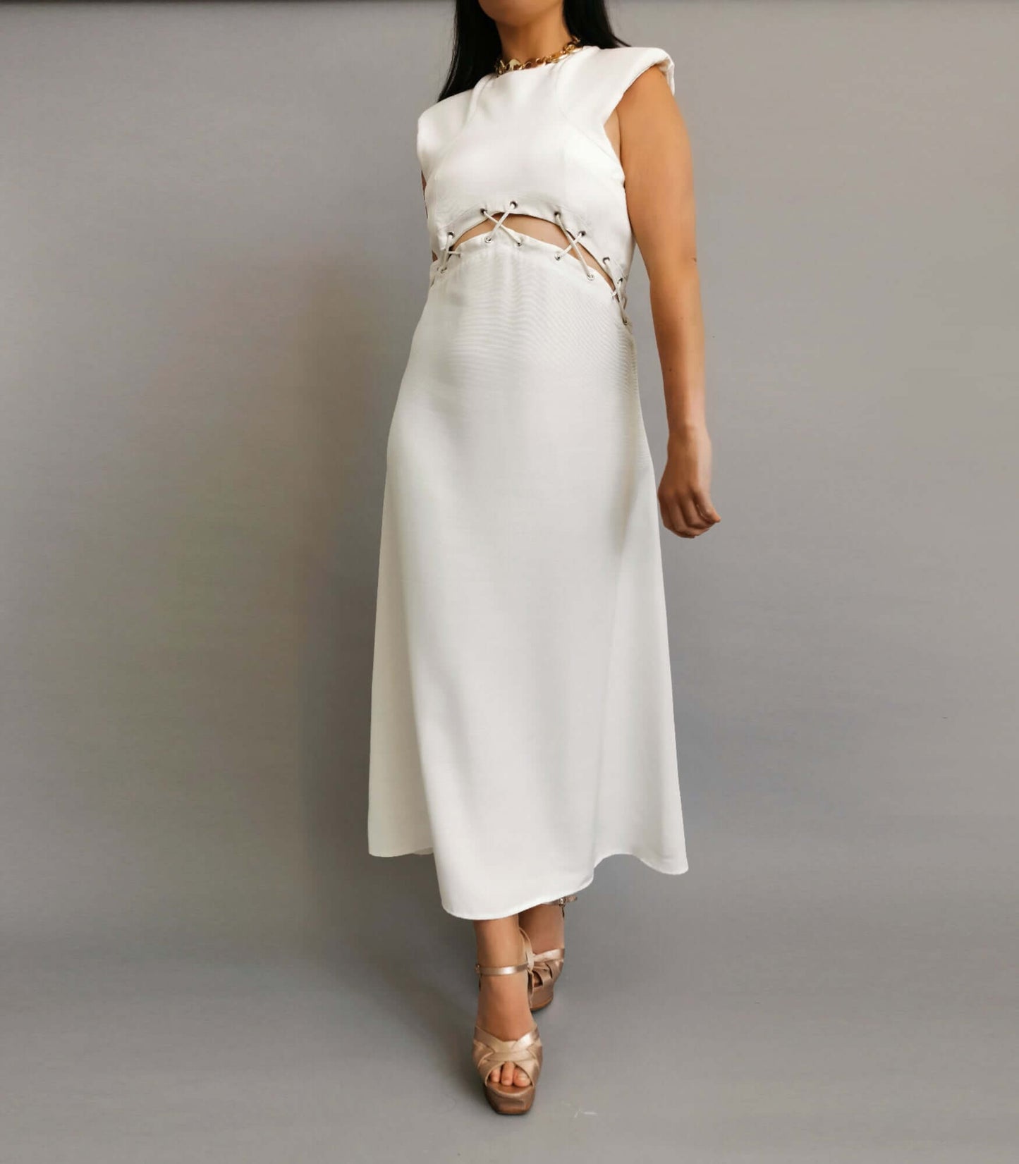 Elegant Leia Dress Size Small - Ivory Midi with Cut Out