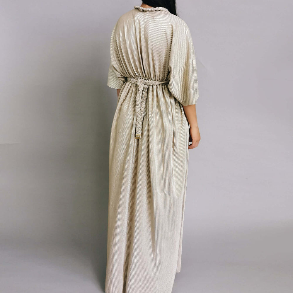 
                      
                        Elize Dress - Gold Plisse Maxi with Plait Neckline
                      
                    