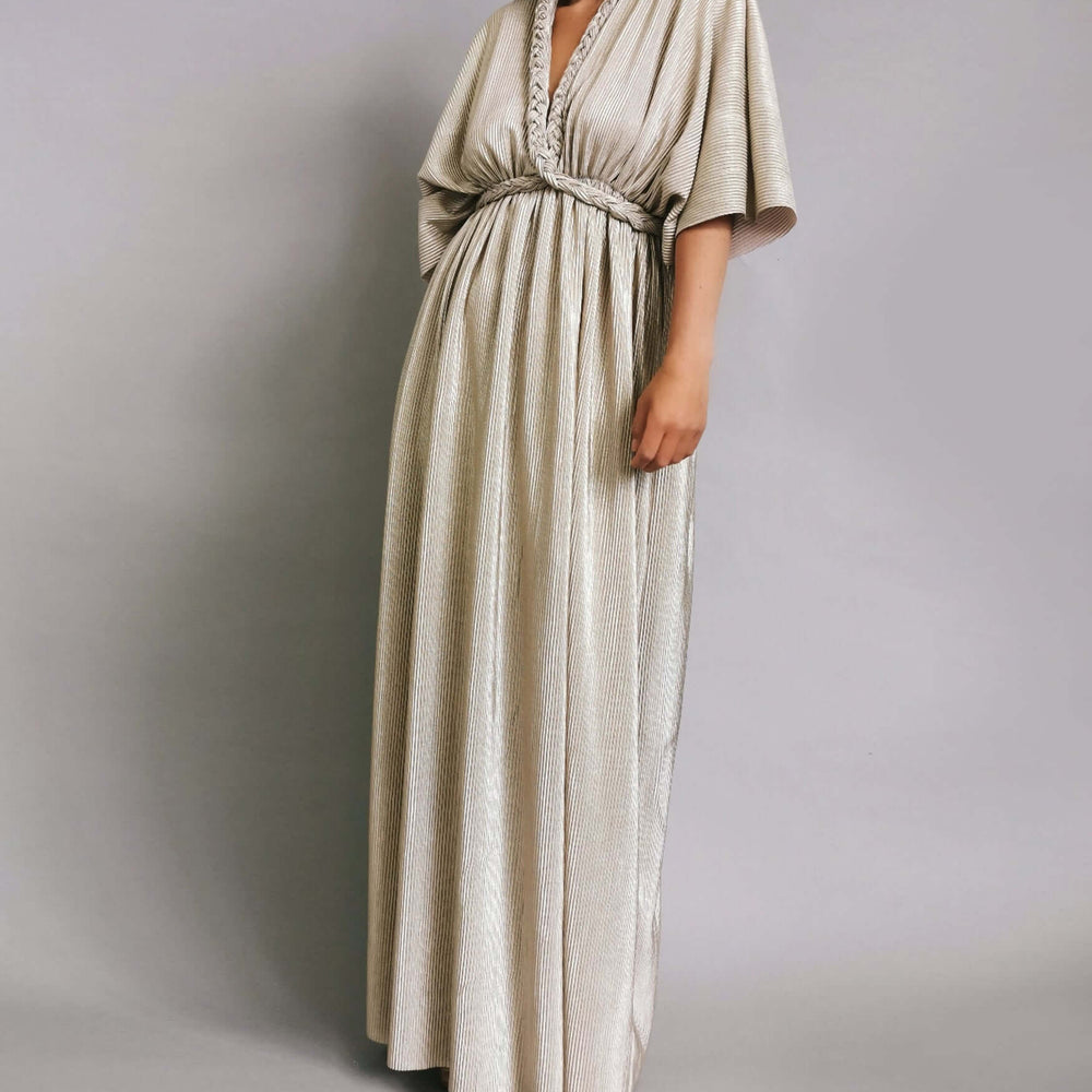 
                      
                        Elize Dress - Gold Plisse Maxi with Plait Neckline
                      
                    